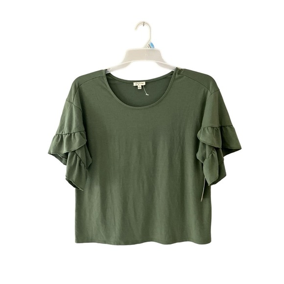 Lily White Blouse Top Womens Size L Green Crew Neck Ruffle Short Sleeve Pullover - Picture 1 of 5